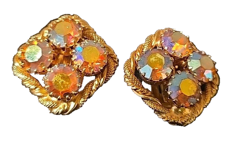 Clip-On Earrings Rhinestone Vtg Aurora Borealis Round Gold Tone Prong 1.2” 1960s
